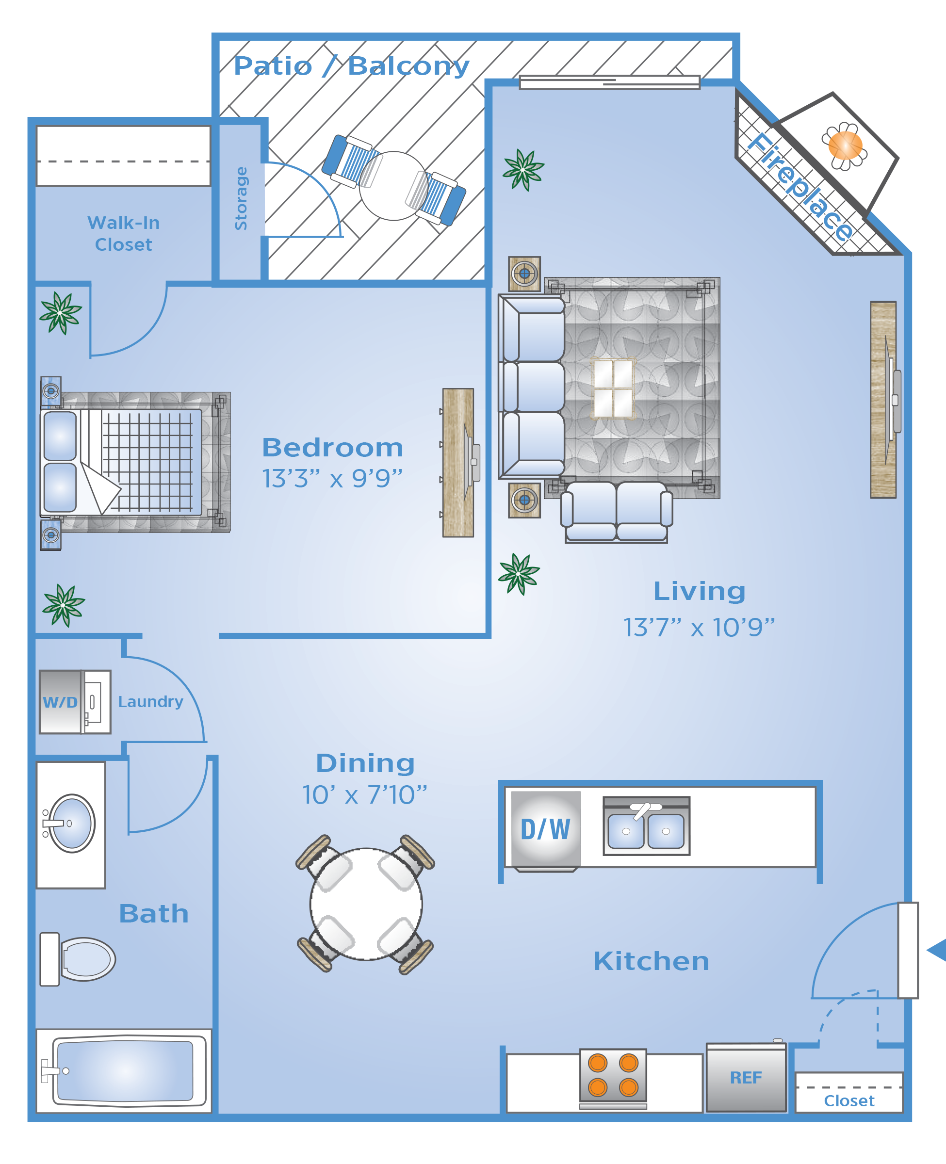 Floor plan for 1 bed, 1 bath, 676 sqft